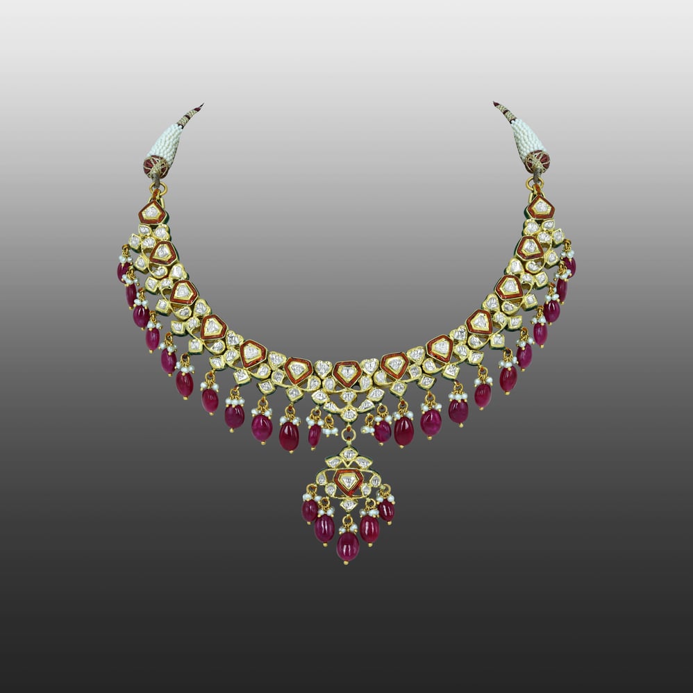 Polki Necklace with Ruby Drops and Red Enamel